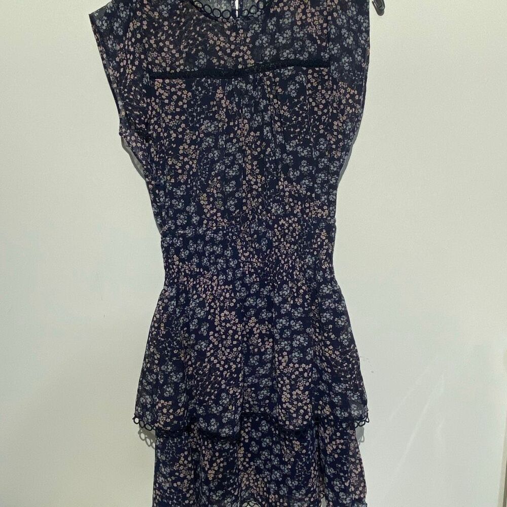 Aqua Women's Navy Blush Floral Lace Trim Smocked Tiered Mini Dress XS NWT
